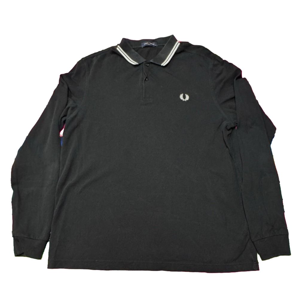 Fred Perry Long Sleeve Polo Shirt Men's XL Black Twin Tipped Laurel‎ Wreath